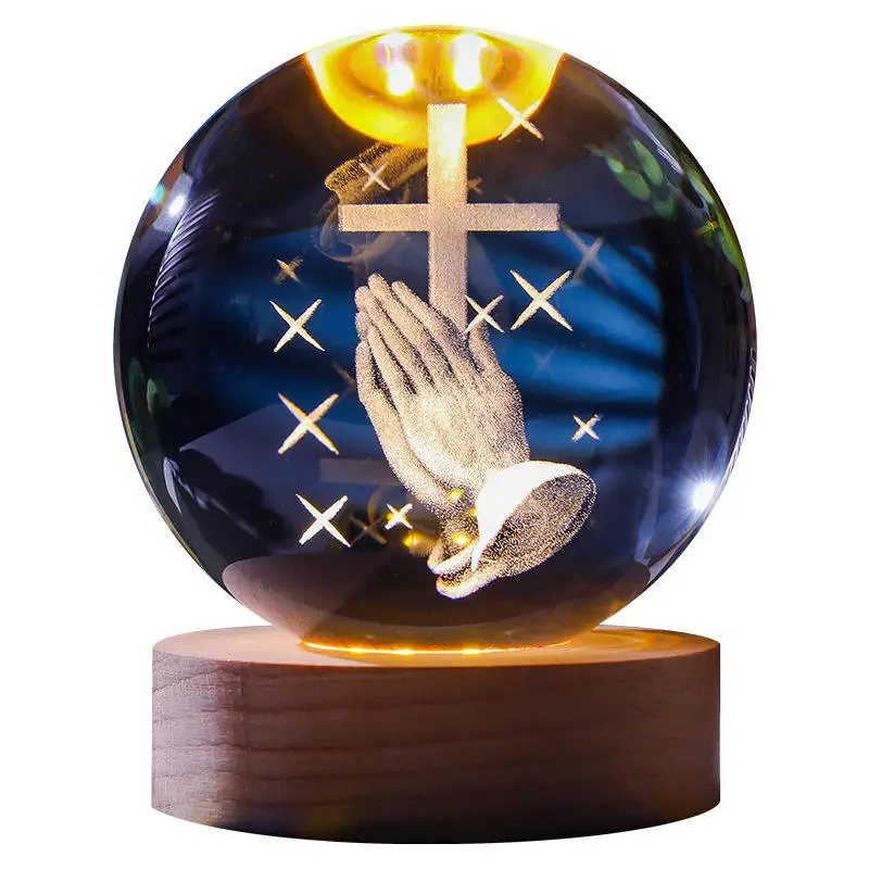 Jesus Crystal Laser Sculpted Ball Gift Decorated 3d laser sculpted crystal ball with Led light base christmas Crystal crafts