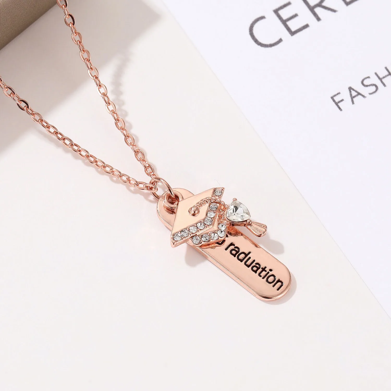 Graduation Certificate Bachelor Hat crystal necklace high quality Graduation Gift Jewelry Rose Gold Lock Bone Chain Friend Gift