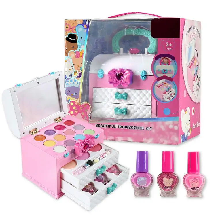 Kid Makeup Set Toys Suitcase Dressing Cosmetic Pretend Play Makeup Set Cosmetic Kit Toy with Portable Box for Children Gifts