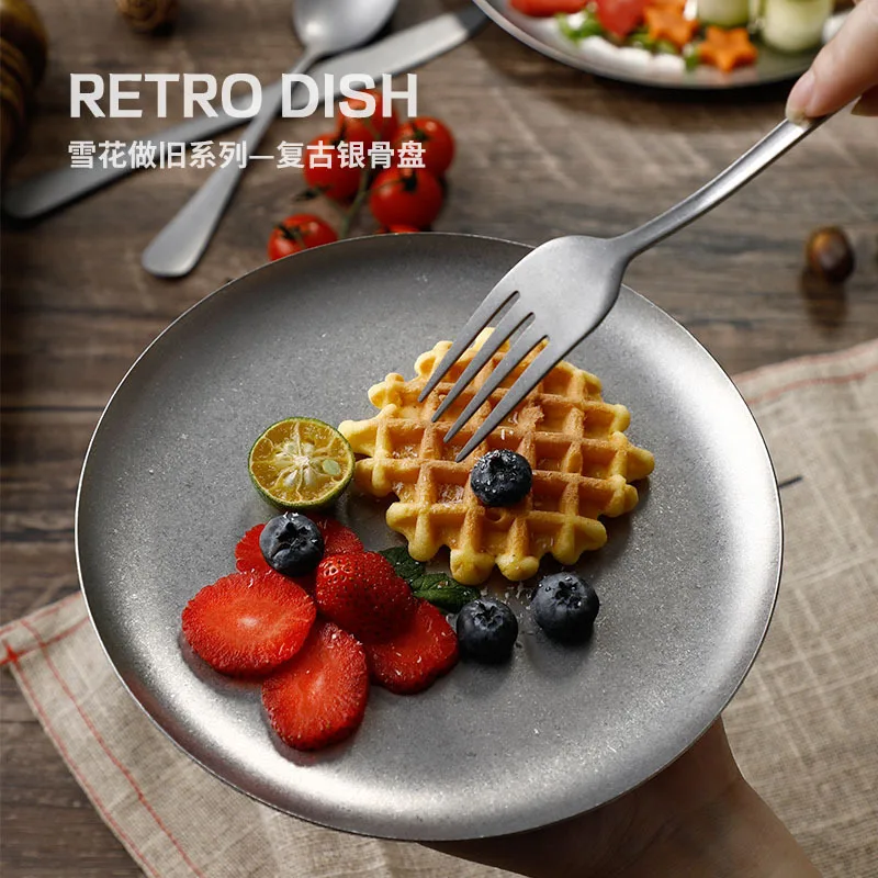 FT0036 Vintage Stainless Steel Plates Round Trays Outdoor Camping Cutlery Make Old Industrial Style Dinner Plates