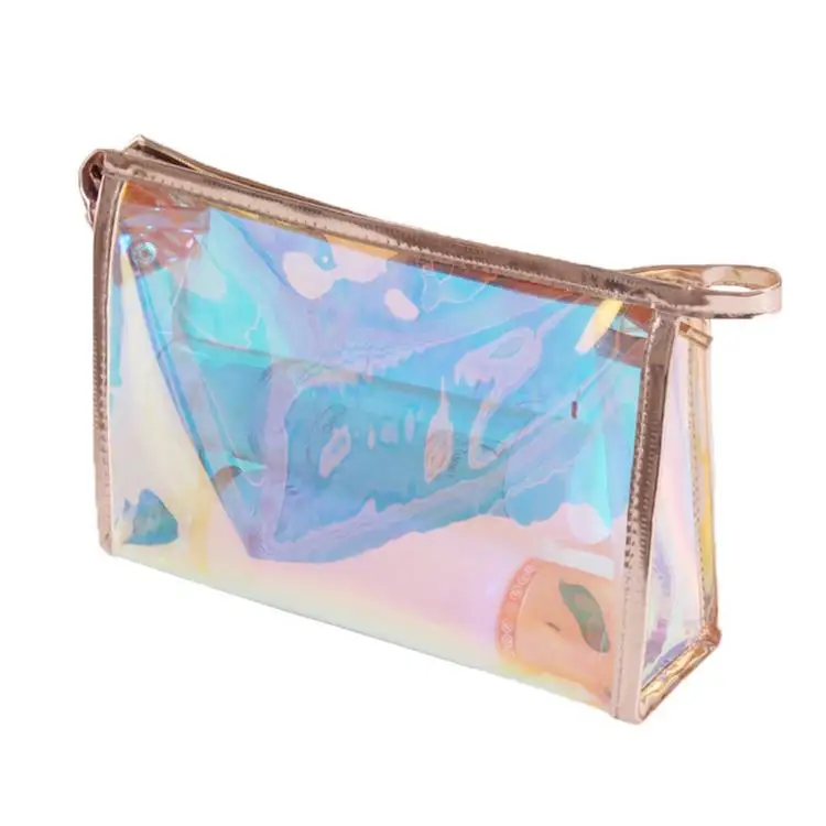 Customizable Clear Waterproof Cosmetic Bags Holographic Makeup Bag Make Up Pouch Rainbow PVC