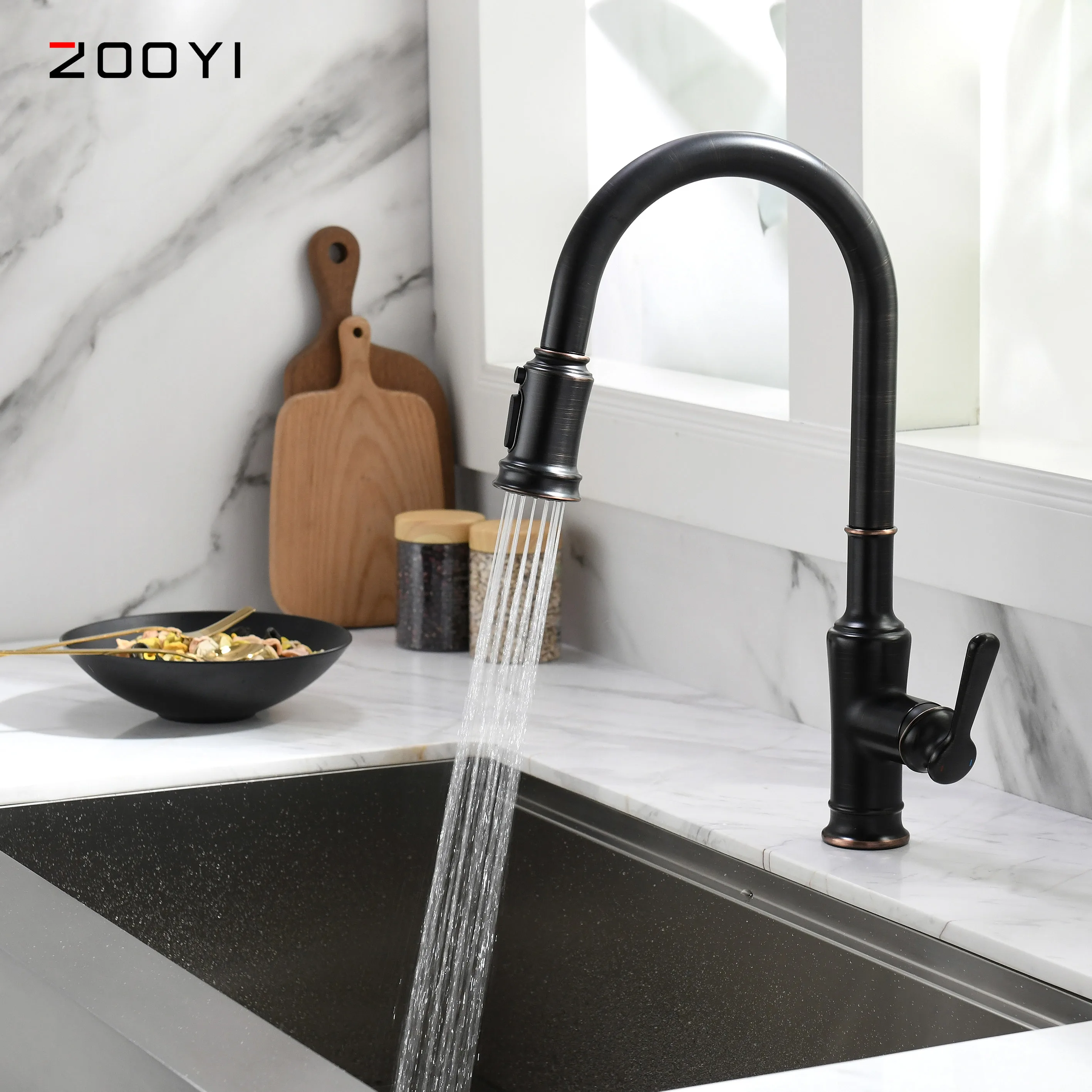 Commercial hot and cold water kitchen faucet mixer taps with pull down sprayer