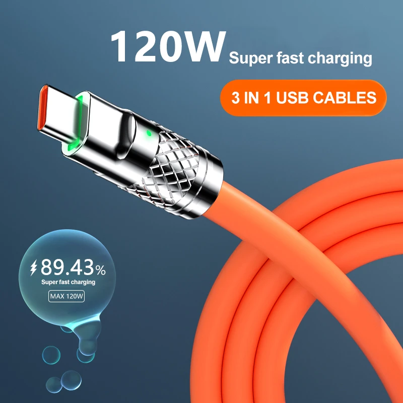 Multi Charging Cable 3 in 1 120W PD Super Fast USB Cord Silicone Charger Cable Compatible with IPH/Type-C/Micro-USB port