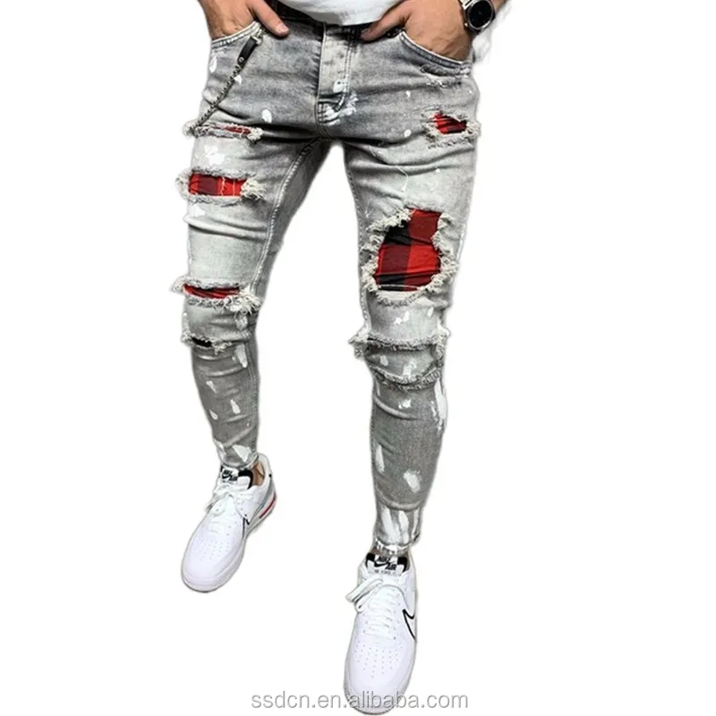 
Fashion High Quality Casual Hip Pop Street Jeans Elasticity Stretch Paint Pants Skinny Men Ripped Jeans 