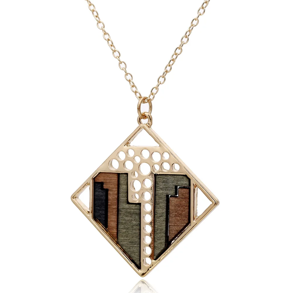 
Custom fashion girl elegant geometric circular wood contrast color set pendant necklace 