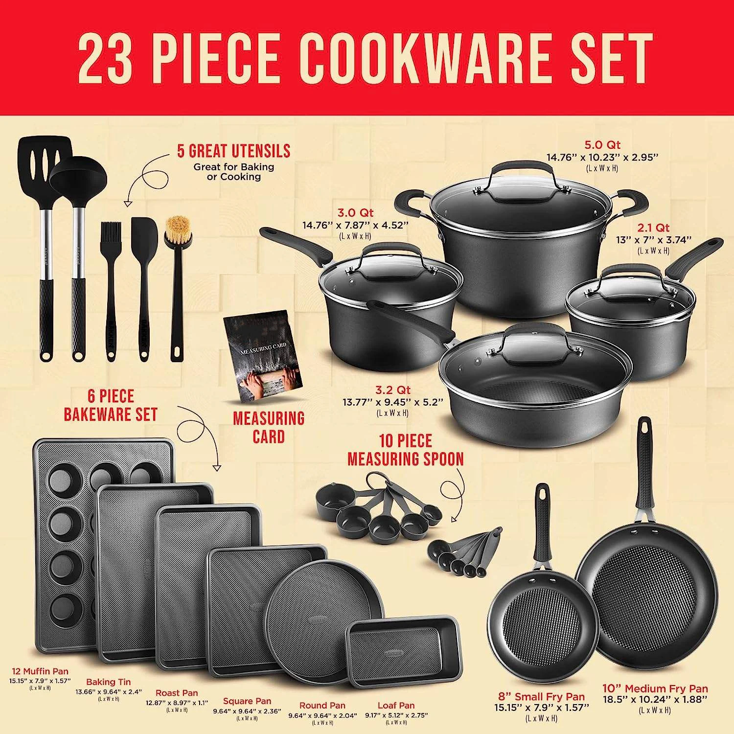 Cookware Set 23 Piece Black MultiSized Cooking Pots with Lids Skillet Fry Pans and Bakeware Reinforced Pressed Aluminum Metal