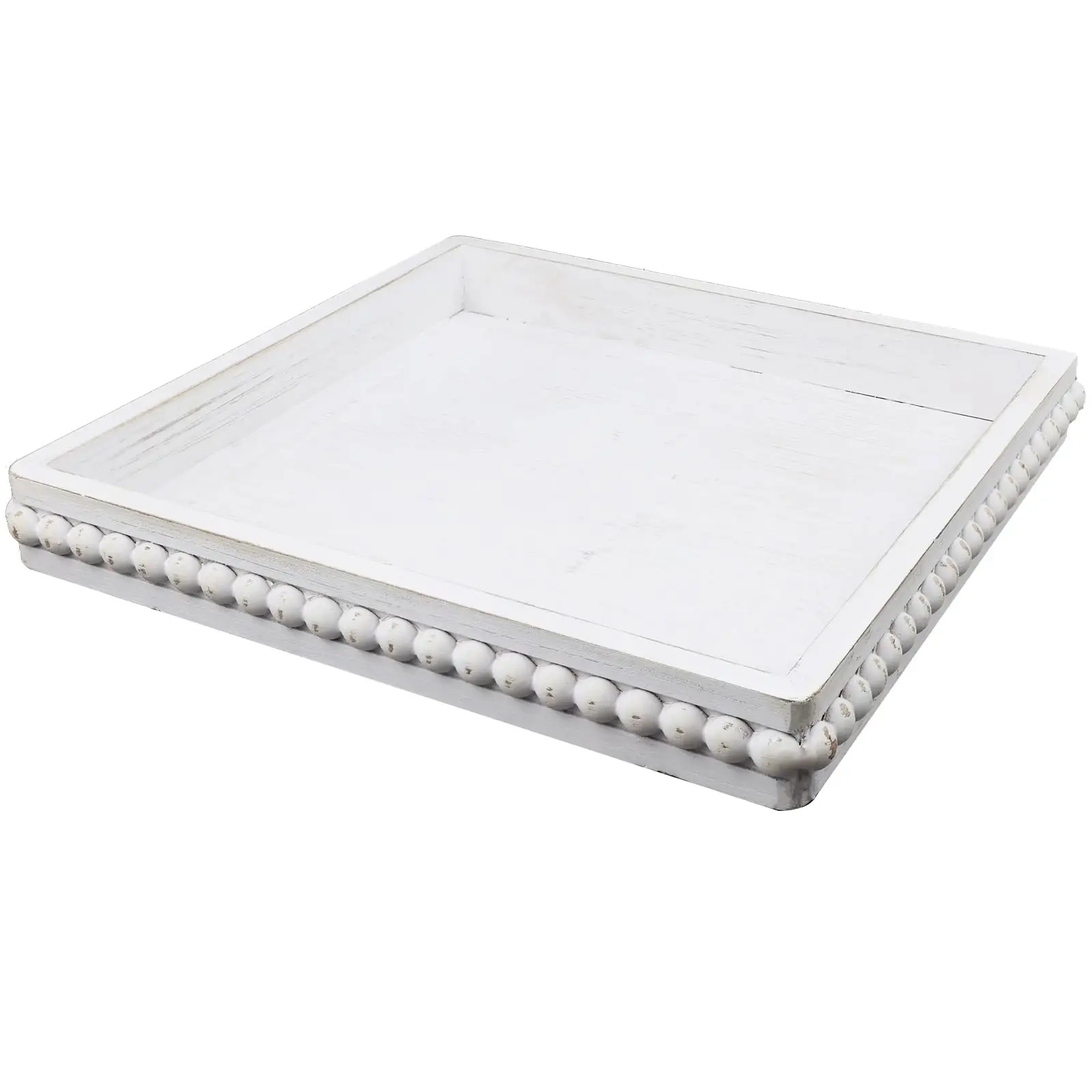 Rustic Bead Decorative Trays Coffee Table Serving Tray 12 Inch Square White Washed Wooden Tray