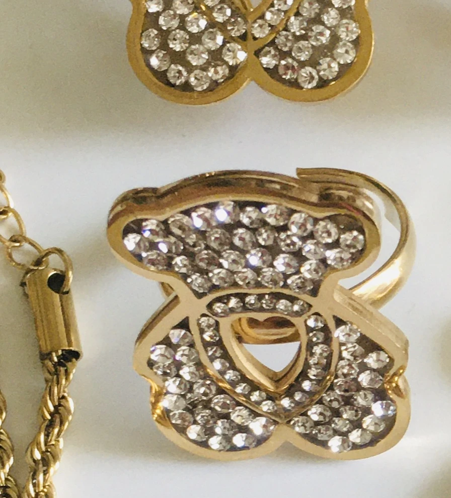 18 K золотое покрытие алмаза с рисунком Мишки и сердца комплект ювелирных изделий из нержавеющей стали для женщин палец цепи