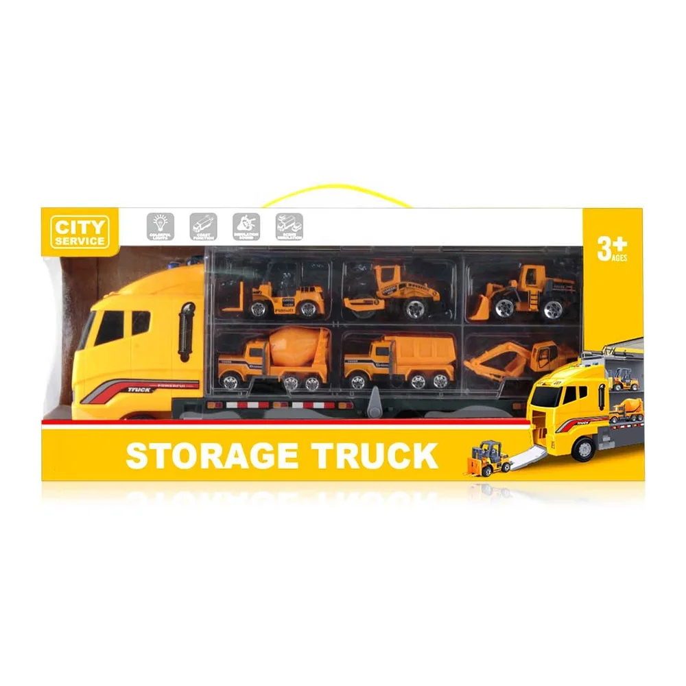 Kids Toys Truck Car Toys Set Friction Construction Car Set with 6 Pull Back Car Carrier Vehicle Toy with Lights and Sounds