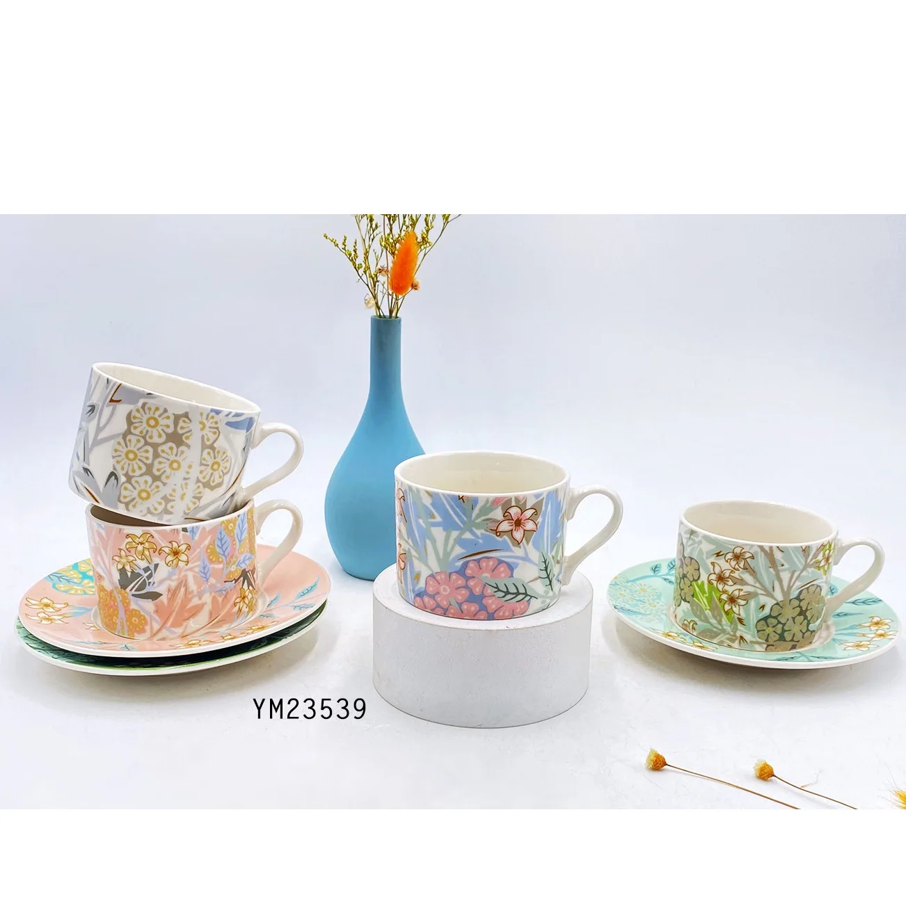 New Design Customized Ceramic cup with saucer white color with decal Coffee Mugs with plate