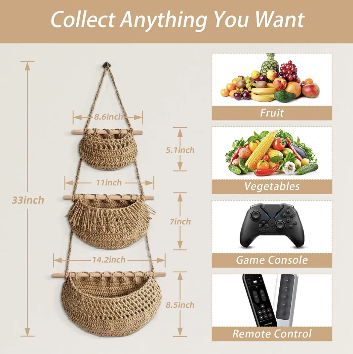Bohemian Fruit Hanging Pocket Hand-Woven Cotton String Hemp Rope Kitchen Vegetable Wall-Mounted Storage Basket