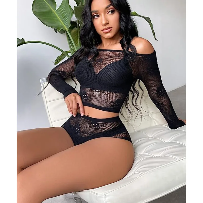 Women crop top and panties woman mesh bodysuit black color fishnet off the shoulder lingerie sets