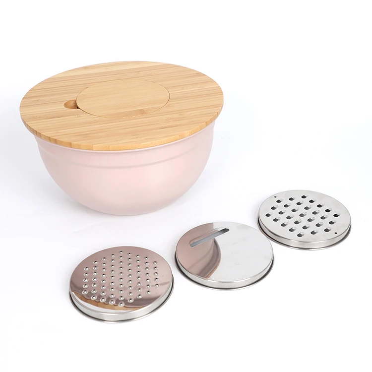 Metal Powder Coating Salad Bowls Mixing Bowl Set With Vegetable Slicer Grater and Grater Bamboo Silicone Lid
