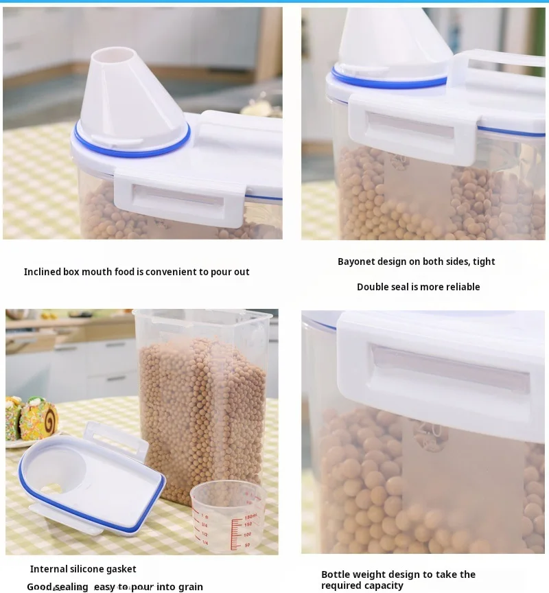 Rice Container Bin with Pour Spout Plastic Clear 2KG or 1.5KG Portable Dumpable Dry Grain Storage Tank with Measuring Cup