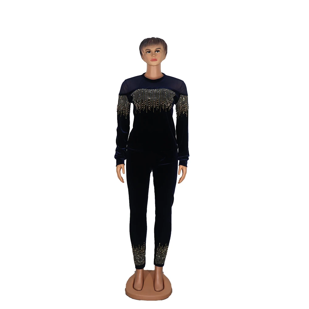 Womens Luxury Fashion Rhinestone Velvet Jogger Set Fall Sexy Two Piece Pants Set Casual Women Outfits Clothing