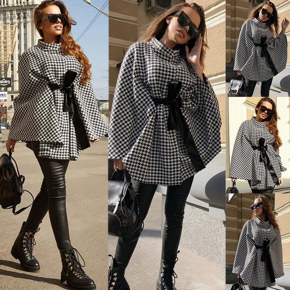 PRETTY STEPS Autumn and winter new ladies coat houndstooth woolen coat loose tie cloak cloak top