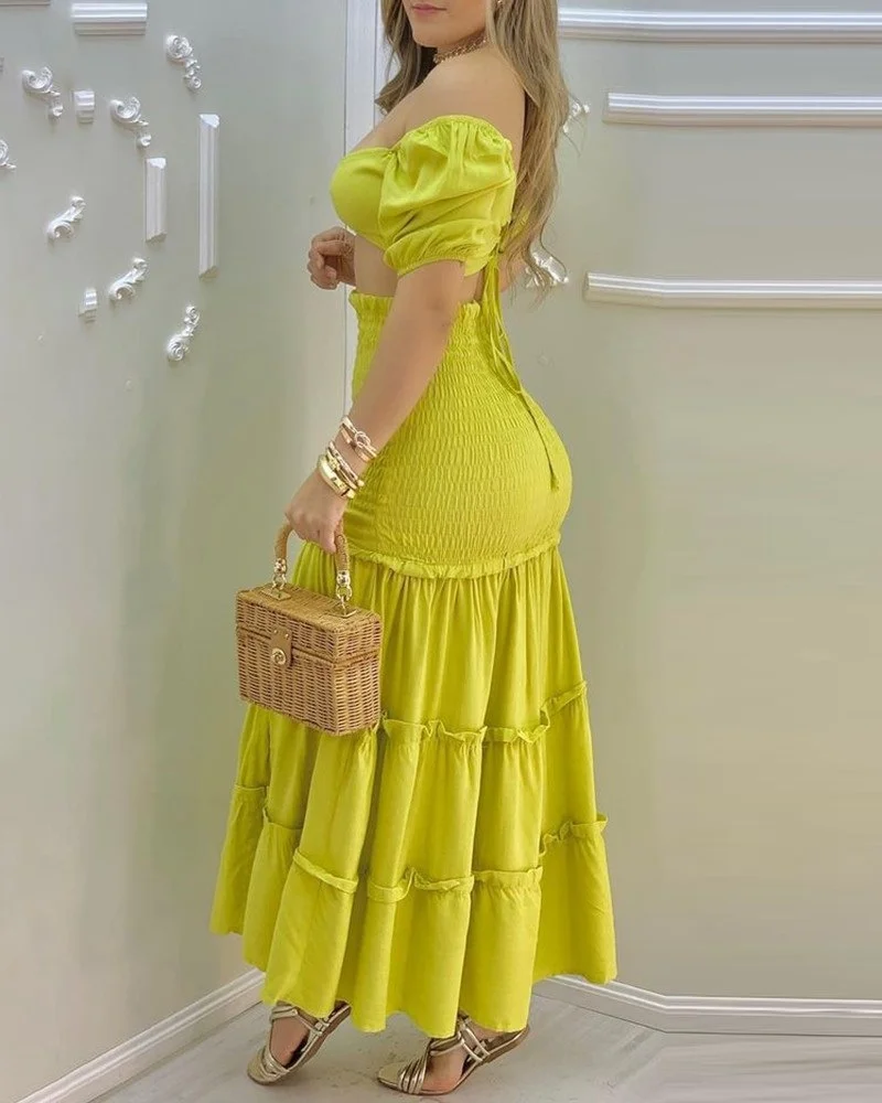 Hot New Sweet Fashion Solid Color Short-sleeved Color Matching Printed Long Skirt Suit and Blanket Dress for Women