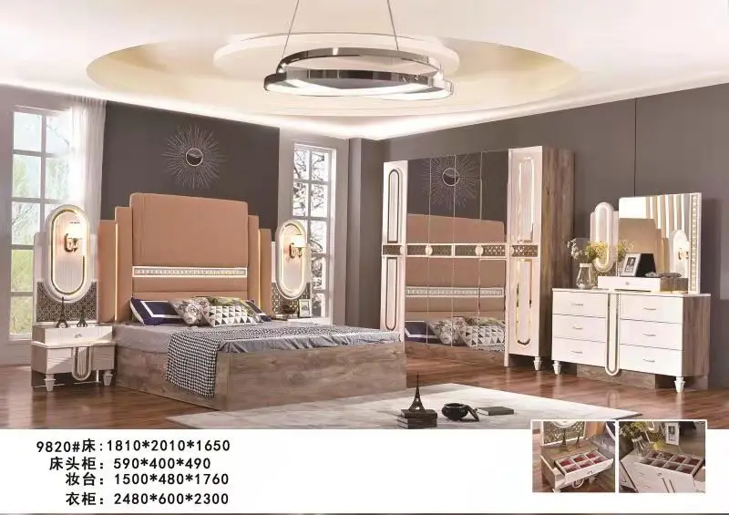 African glass mirrored elegant complete Bedroom Sets Luxury King Size LED lighted turkish bedroom furniture set 5pcs