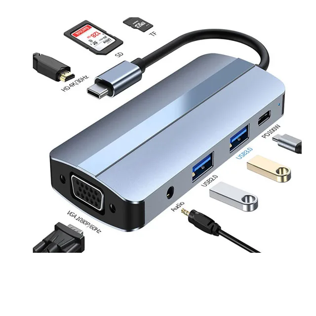 USB C концентратор 8 в 1 Тип C до 4K HD-MI адаптер с VGA SD/устройство для считывания с tf-карт быстрой зарядки PD Thunderbolt 3 USB док-станция для MacBook Pro