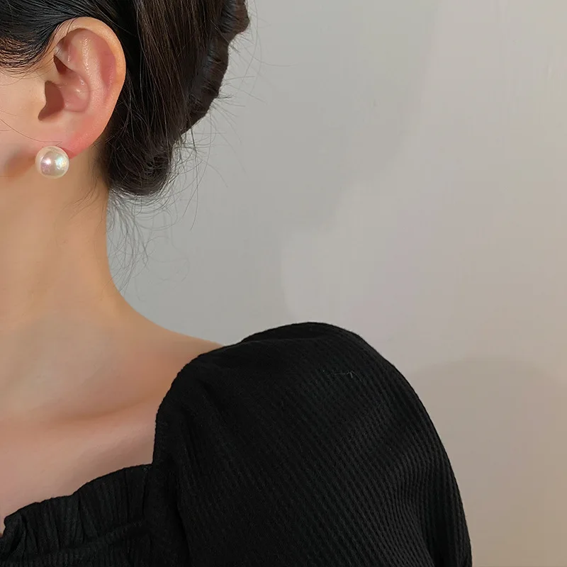 Mermaid Color Pearl Earrings Round Pearl Ball Silver Needle 8mm 10mm 12mm 14mm Stud Earrings Women