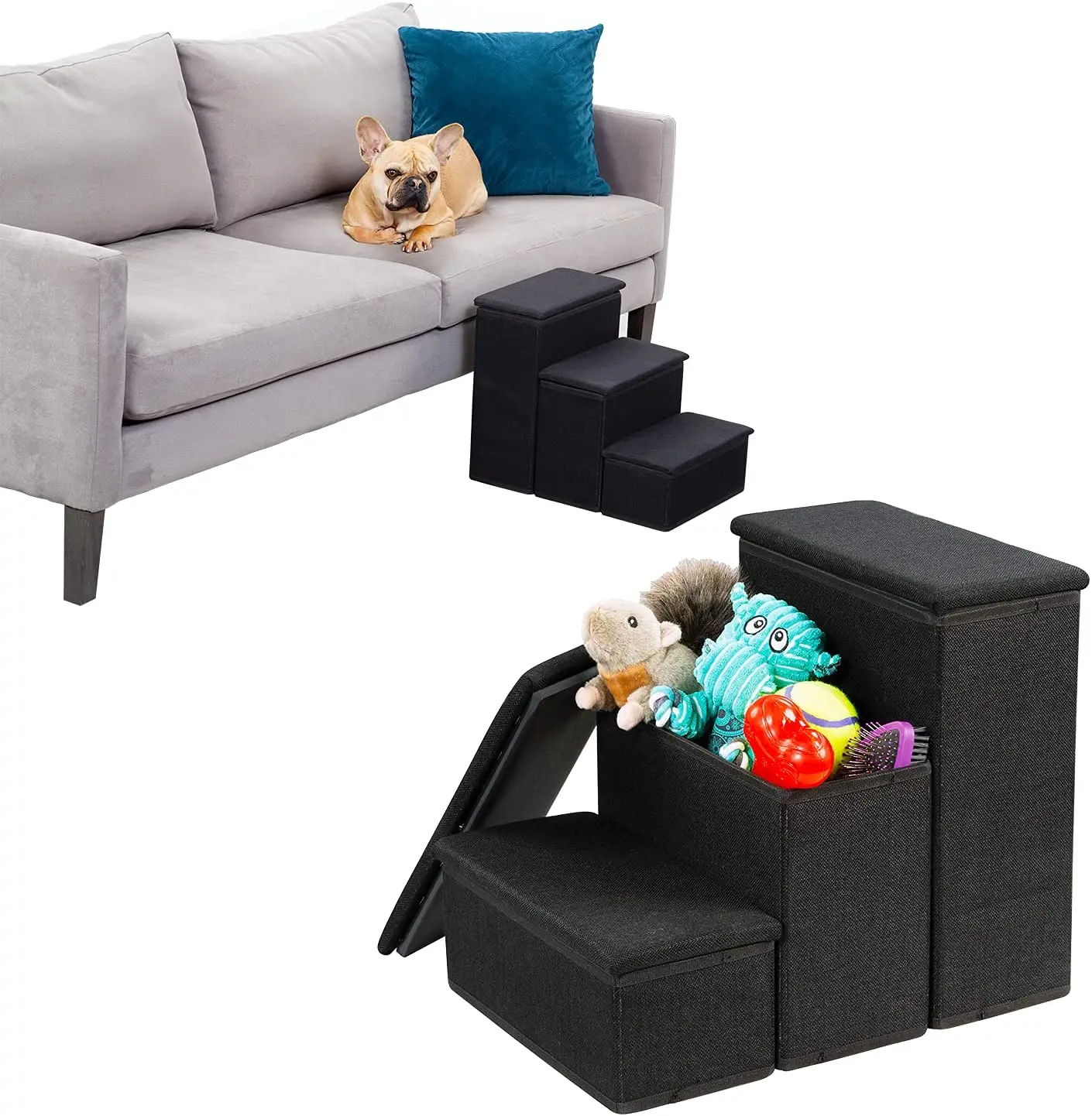 Dog Stairs with Storage Foldable Non-Slip 3-Layer Steps for Small Medium Puppies Cats Holds up to 100 lbs