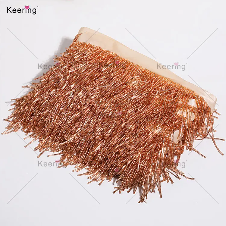 Keering Hot-selling 10-13cm In Stock Colorful Decorative Beaded Fringe Trimming Orange Beaded Trimmings For Sewing