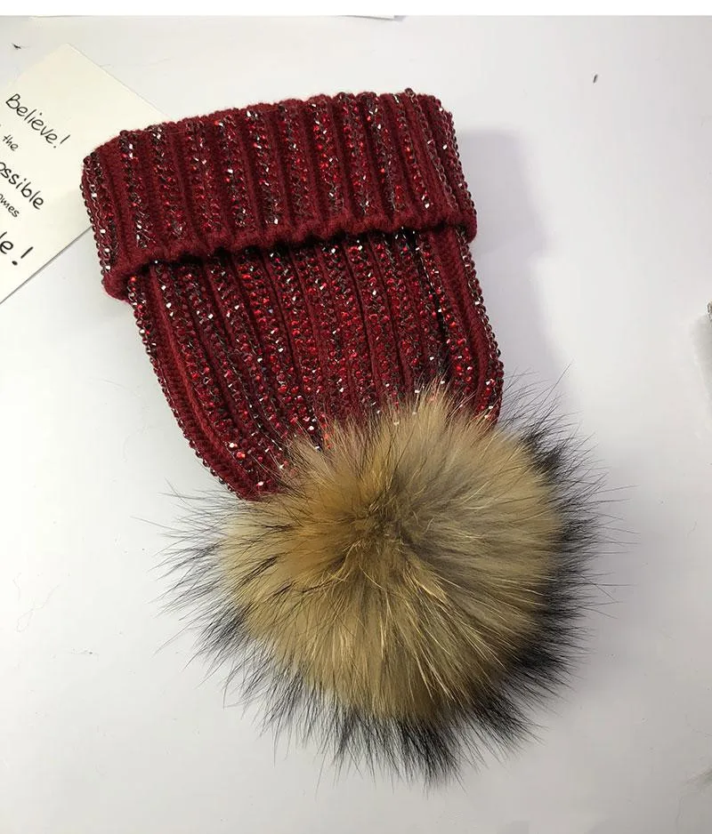 Winter Women Knitted Beanie Hat Real Raccoon Fur Pompom all diamond Hat for Female Warm Chunky Thick Stretchy Hat