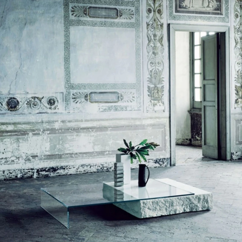 Italian Minimalist Travertine Coffee Table Light Luxury Modern square Living Room Creative Glass Table