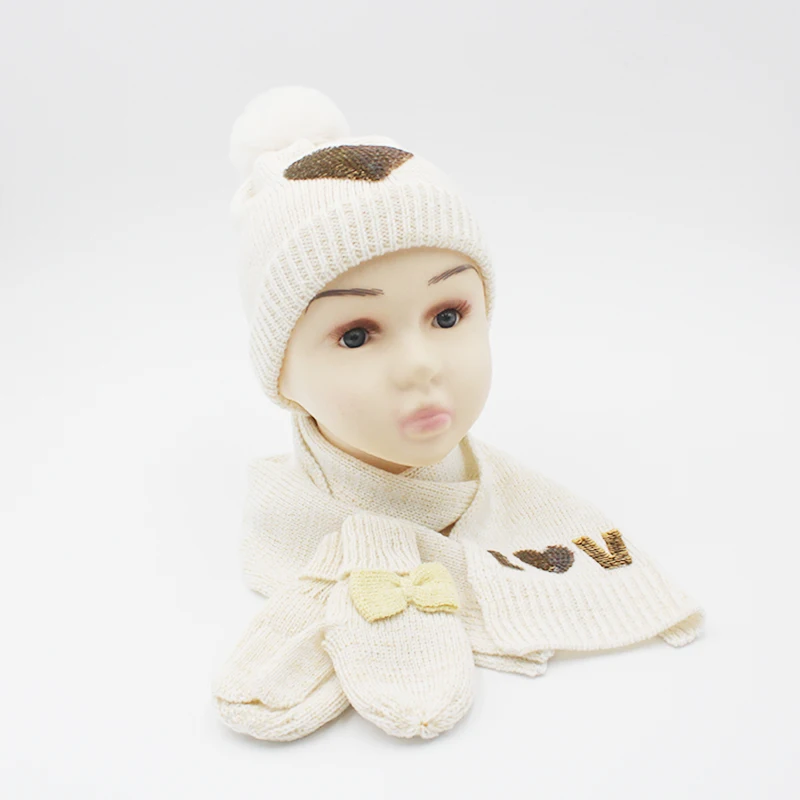 Мягкая теплая вязаная детская шапка бежевый шарф комплект перчаток и теплый тепловой комбинированный шапки шарфа зимний для девочки
