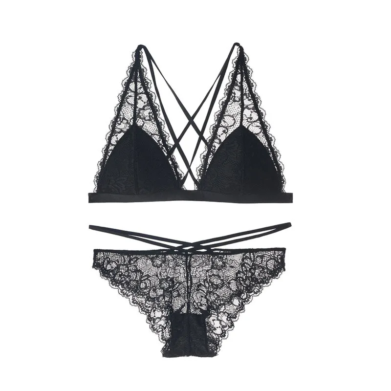 Sexy lingerie set female lace back cross belt thin French bra without underwire bra triangle cup girl