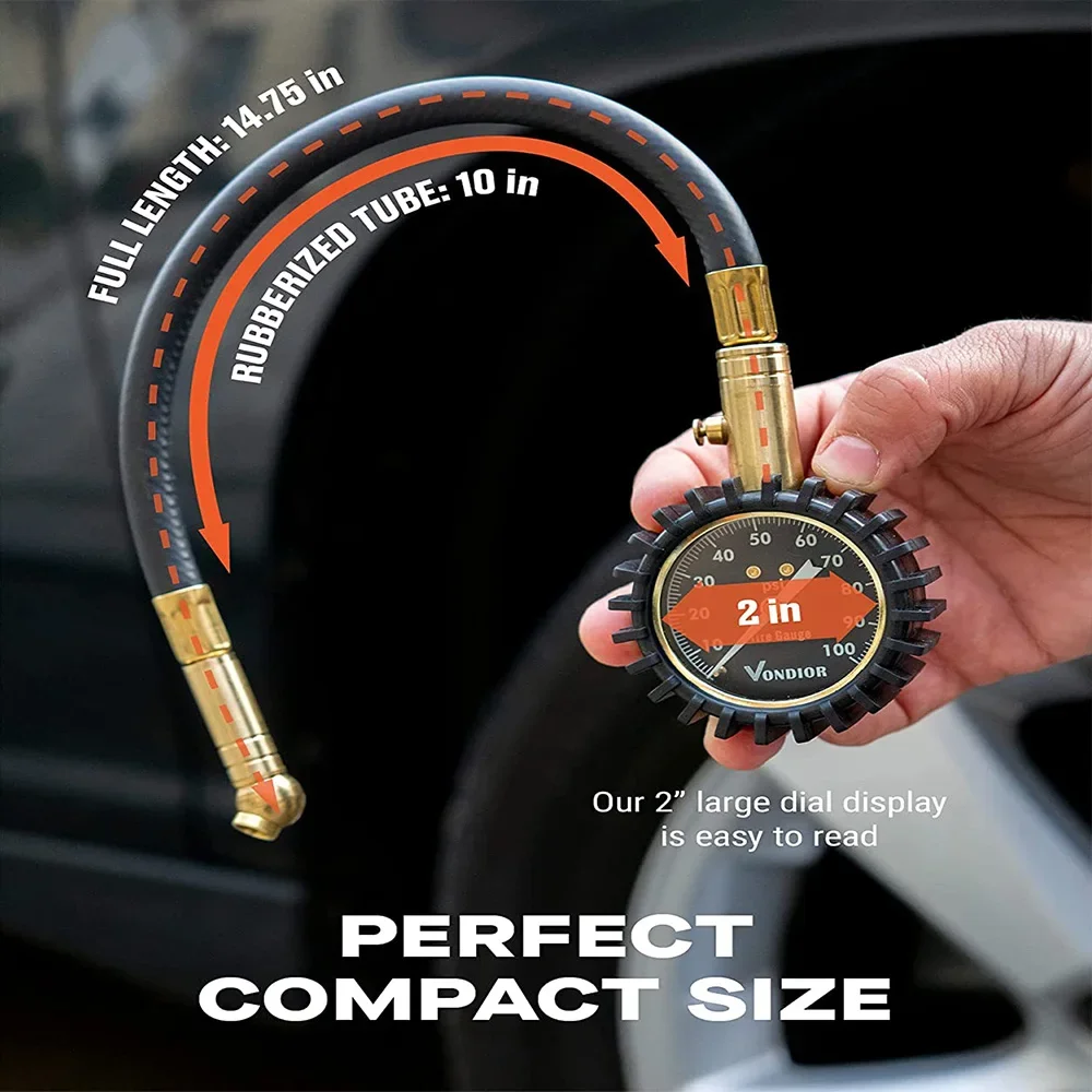Tyre Pressure Gauge, 100PSI Dial Gauge Meter for Car With Flexible Hose Protective Rubber Guard