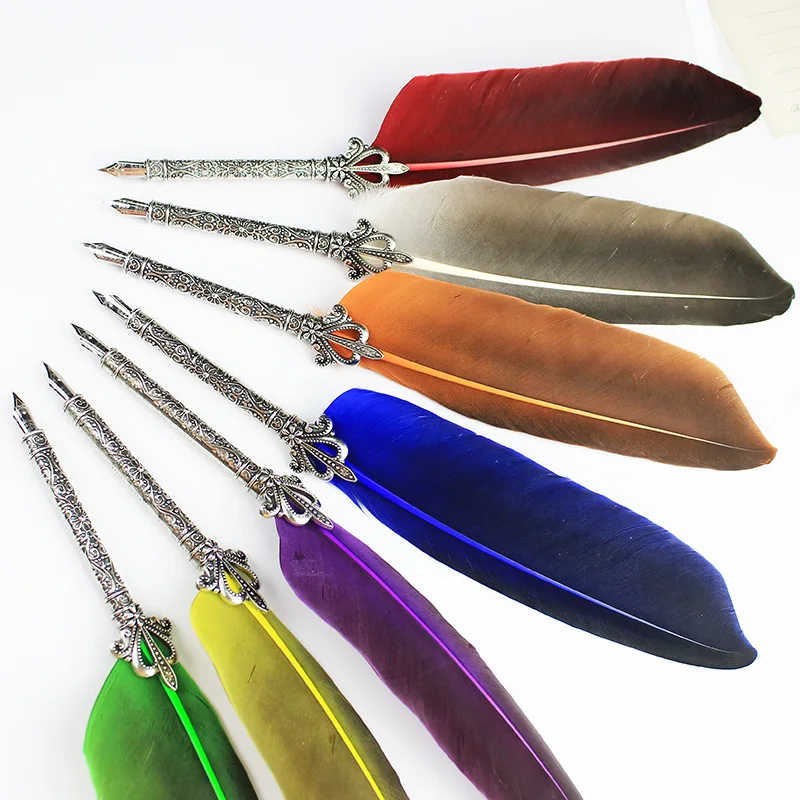 Mechanical Style Feather Pen Set Metal Nibs Fountain Pen With Ink 5 Replacement Nibs Set Calligraphy Writing Dip Pen For Gift
