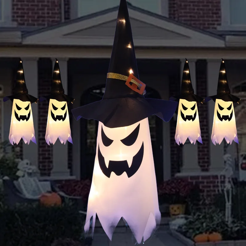Creative Halloween LED Lights Scary Atmosphere with Haunted House Scene Features Ghost Wizard Hat