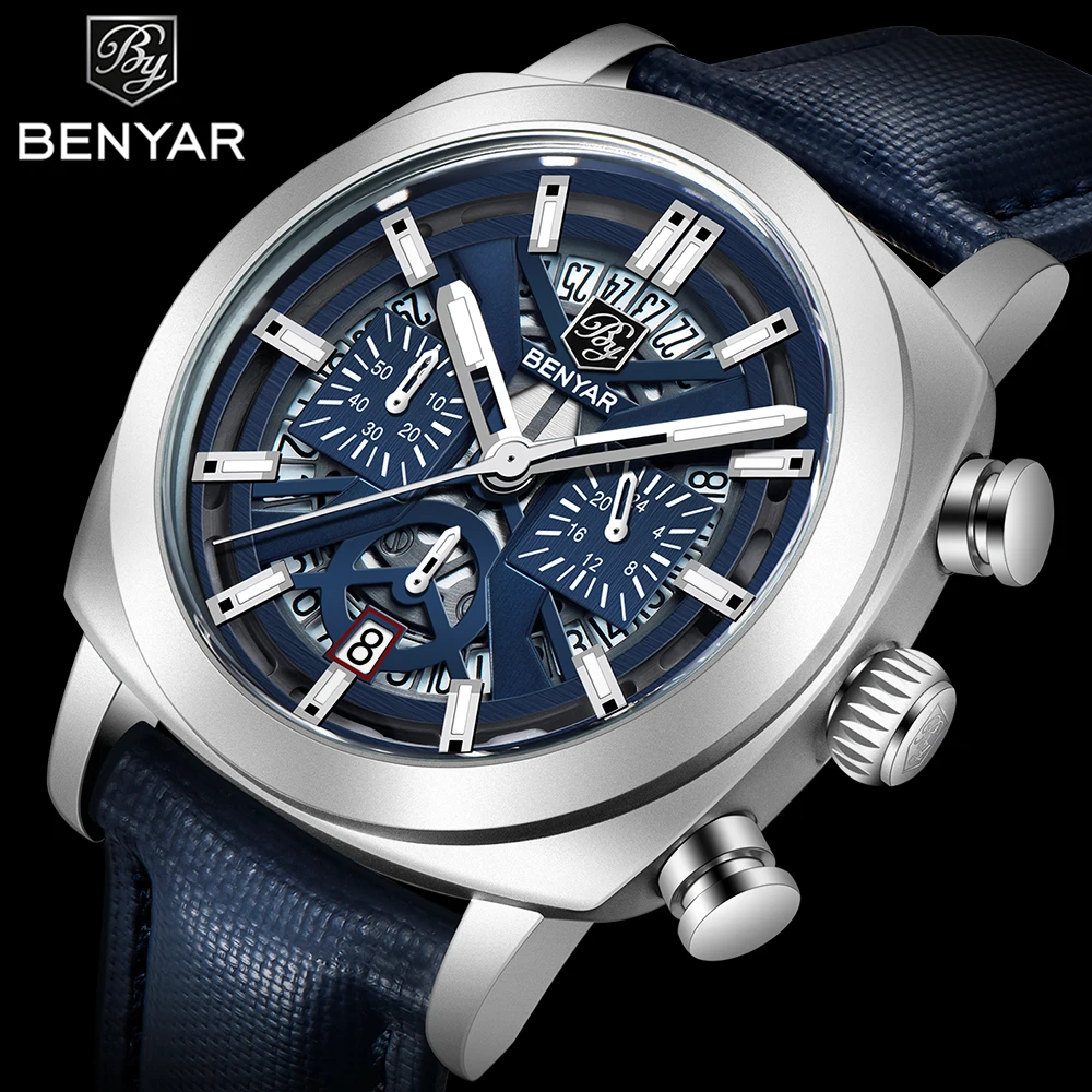 Benyar Luxury Chinese Luminous Chronograph Watch 5205 PC Case Alloy Leather Strap Buckle Clasp High Quality Quartz New Design