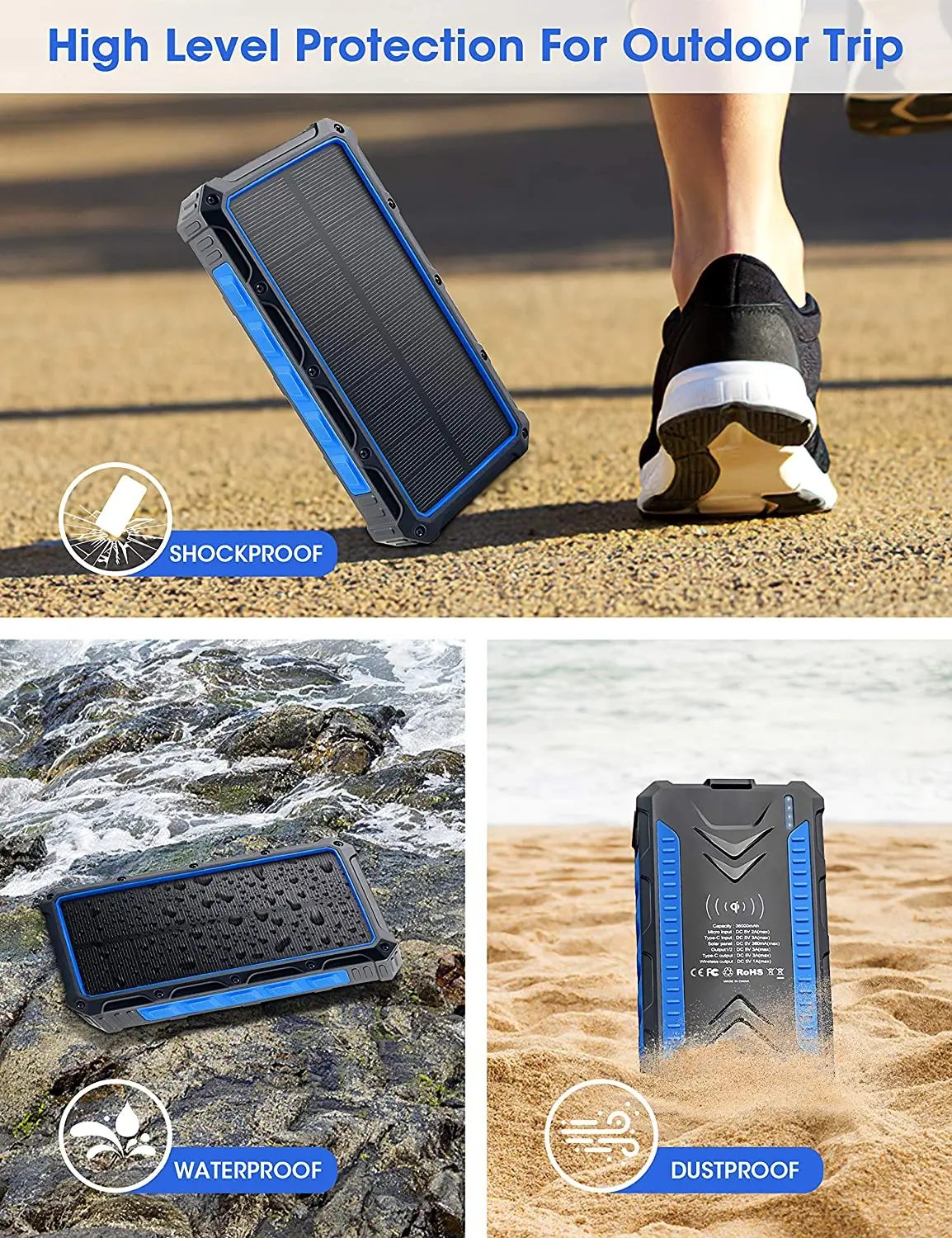 3USB 30000Mah Waterproof Solar Charger Solar panel External Battery Pack Solar Power Bank