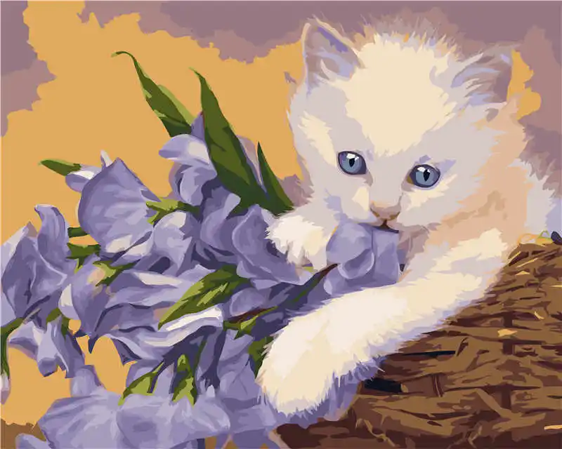 Cute white cat oil painting digital adult paint canvas painting kit gift home decoration