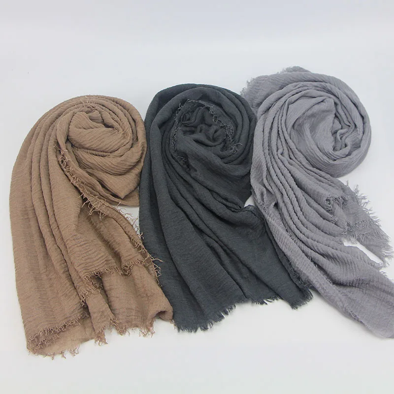 Classic Solid Color Micro Wrinkle 95*180 Cm Cotton Stylish Hijabs Scarfs 2021 Muslim Scarf Women Hijab