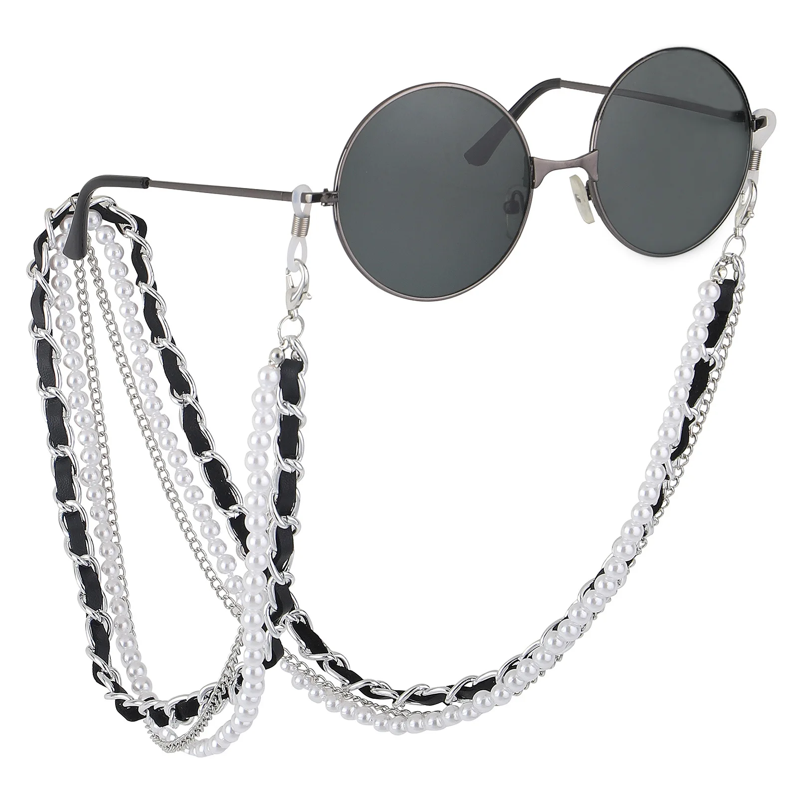 Black PU Leather Gold Three layered Lanyard Face Masking Holder Beaded Pearl Sunglasses Chain Lace Cord Strap cadenas para gafas