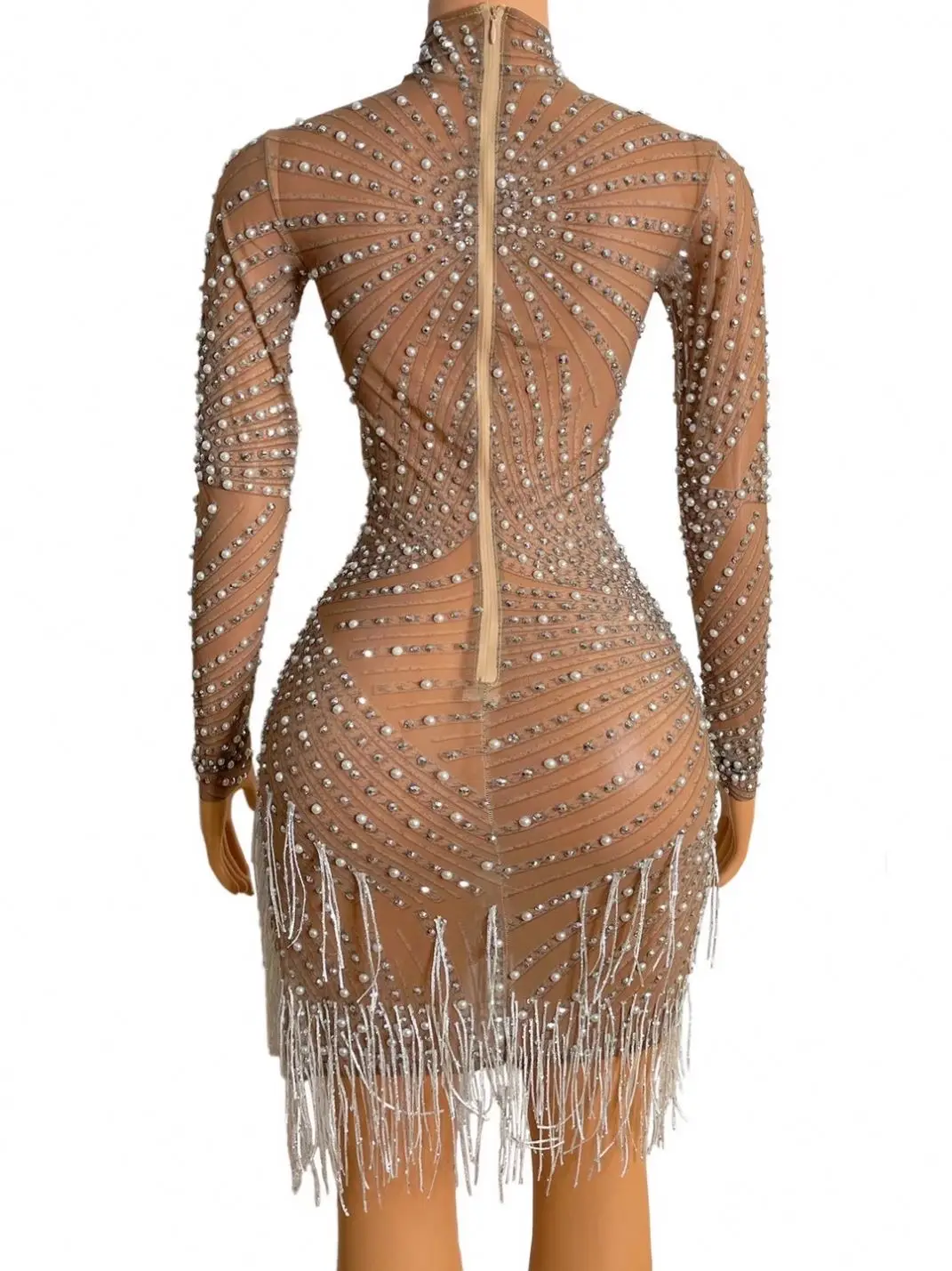 KI349 New Pattern Bodycon Shiny Women Elegant Dress Exotic Dancewear Fringed Mini Pearl Design