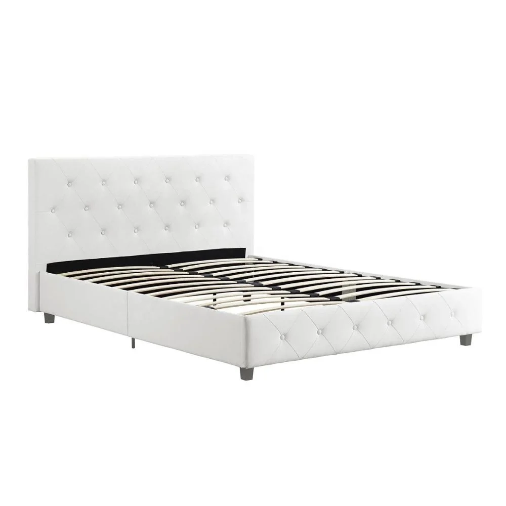 Latest White Faux Leather Upholstered Queen Bed With Pull Buckle