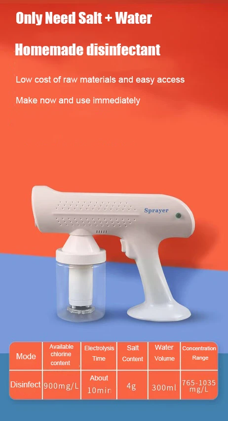  Sodium hypochlorite Rechargeable sprayer gun Blue light Electric cordless Nano atomizer Disinfection equipment mist Spray
