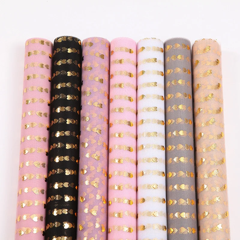 Gold Heart Stamping Wrapping Paper Mesh Rose Bouquet Voile Flower Shop Bag Fabric Net Yards Floral Materials