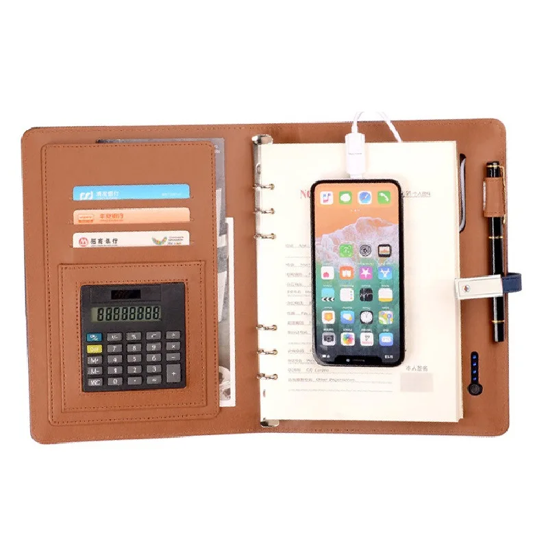 2022 Wholesale A5 Promotion Wireless Powerbank Diary With Led Light Logo Pu Leather Power Bank Notebook