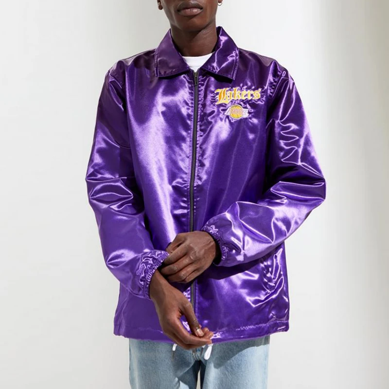 fashion men satin long sleeve embroidered logo windbreaker street jacket