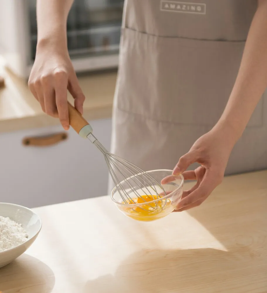 Pinmoo, классический дизайн, ручной венчик для яиц из нержавеющей стали с ручкой из бечевой древесины