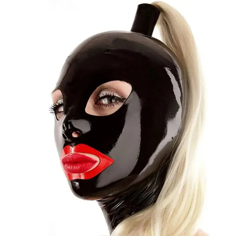 Latex Hood Mask With Mouth Red Trim and Holes for Eyes Nose Zipper Ponytail Wigs Sex