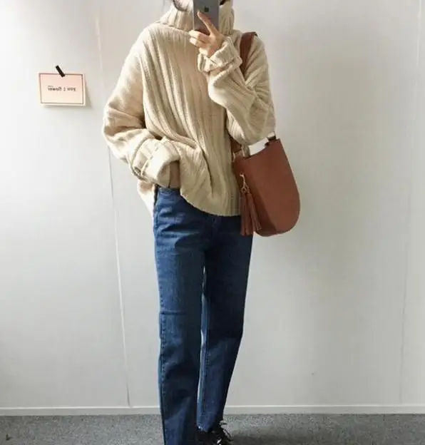 2021 autumn and winter new Korean wild loose pit stripe large split fork turtleneck sweater coat sweater