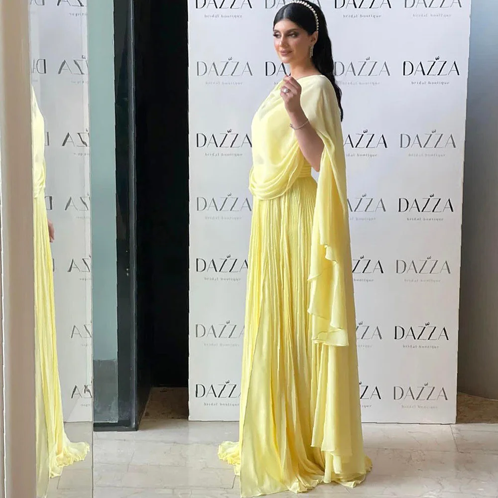 Arabic Fuchsia Chiffon Dubai Evening Dresses With Cape Sleeves Elegant Yellow Women Wedding Party Formal Gowns