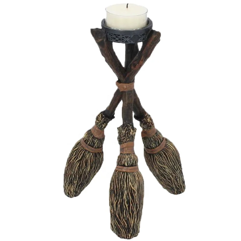 Custom handmade high precision home decorative gothic gift polyresin witches witchcraft andle broomstick tealight candle holder