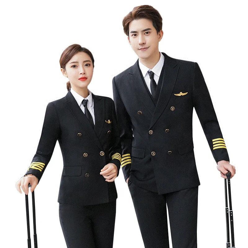 Spring Autumn Aviation School Uniform Pilot Hotel Double Breasted Work Uniform Men Women Blazer Jacket Pant Crew Airline Uniform